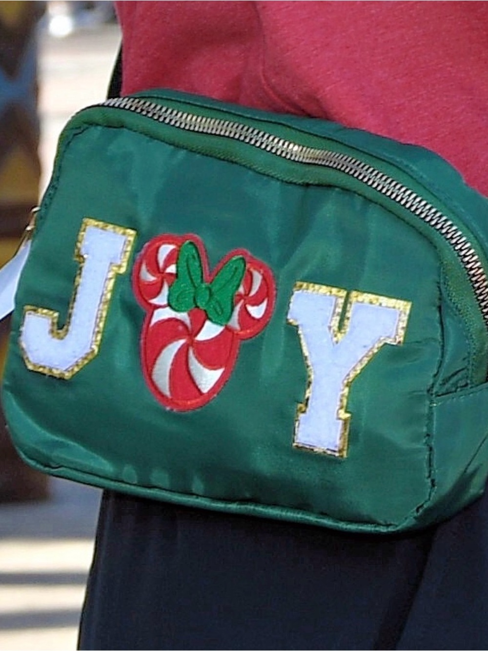 Green 'JOY' Holiday Crossbody Bag with Candy Mouse Patch Disney Minnie